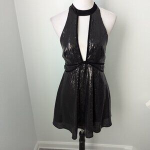 Free People Black Sparkly Sequin Deep V Halter Dress, 8